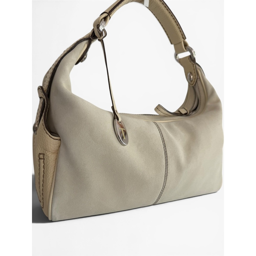 Tod's Off White Suede Shoulder Bag Leather Trim Hobo w/ Box